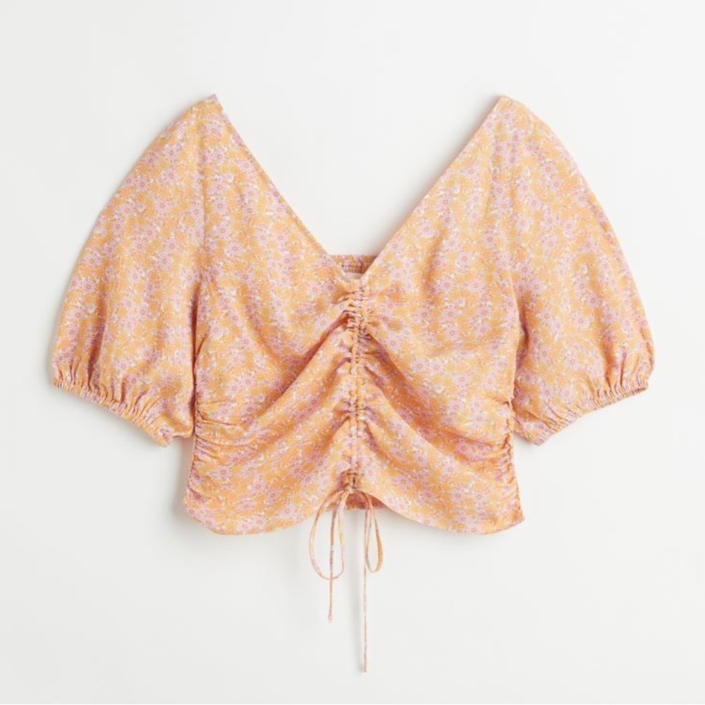 H&M V-Neck Drawstring Floral Orange Boho Blouse - Size Medium